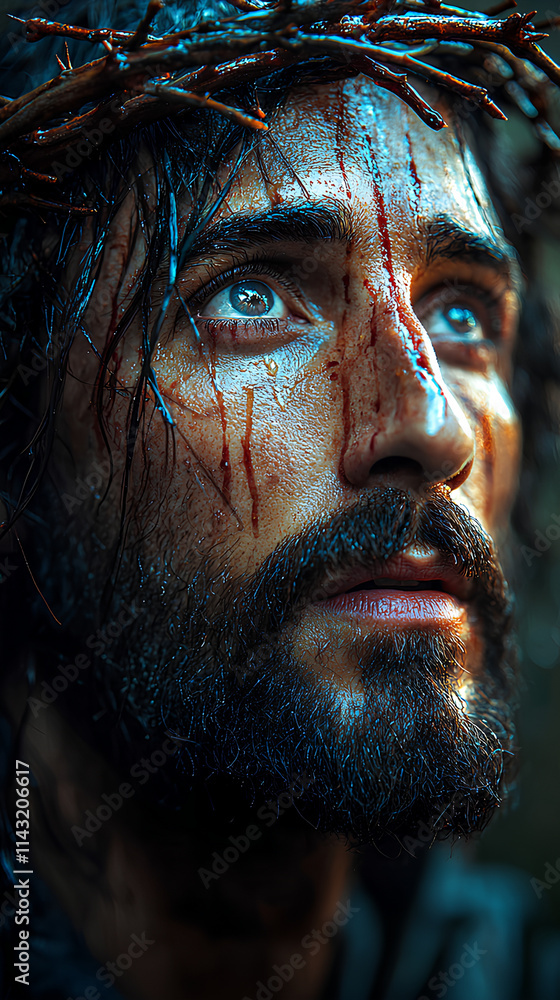 Man with a cross on his head and blood dripping from his face Man with a cross on his head and blood dripping from his face