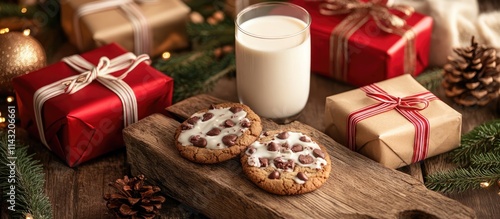 Festive Christmas cookies with milk and wrapped presents on a rustic wooden table creating a cheerful holiday atmosphere