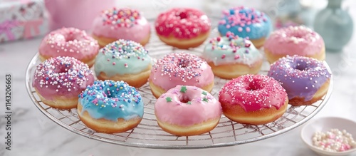 Colorful decorated donuts on a cooling rack perfect for a children's holiday celebration party sweet treats delighting young guests photo