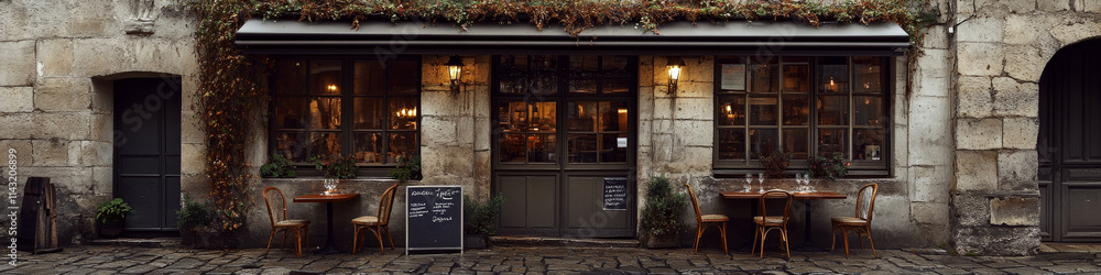 Two tables are set outside a rustic building with a menu board, plants, and glowing lamps. Concept of an inviting cafe atmosphere. For restaurant advertisement. Two tables are set outside a rustic building with a menu board, plants, and glowing lamps. Concept of an inviting cafe atmosphere. For restaurant advertisement.