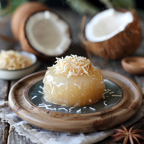 Tropical Coconut Jelly Dessert with Toasted Shavings - Exotic Coconut Jelly on Rustic Wooden Plate photo