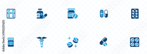 Set, collection of pills, medicines and drugs in different sizes and shapes icon