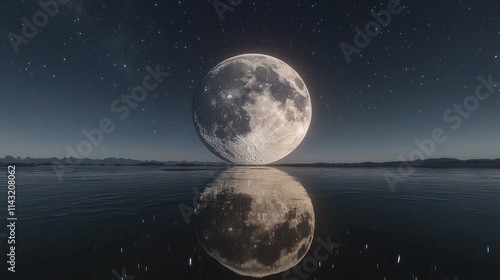 Full moon rising over calm water, reflecting on the surface, starry night sky. photo