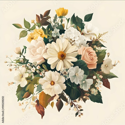 An illustration of a bouquet on an ivorycolored background featuring soft yellow green white pink and rosecolored flowers photo