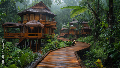 Rainforest Retreat with Wooden Cabins and Curved Walkway