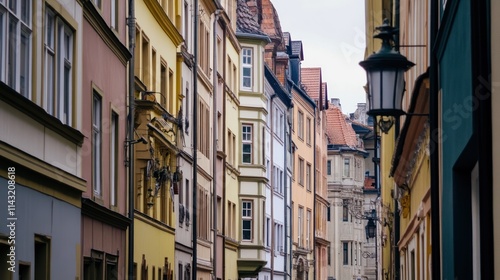 Charming European Street Scene: Pastel Buildings & Cobblestone Alleyway