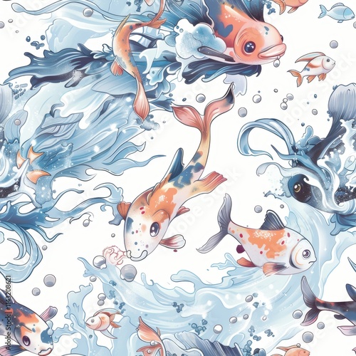 Underwaterthemed seamless pattern with colorful aquatic creatures photo