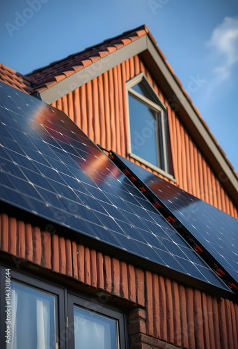 Photovoltaic panels installed on the toproof of the building, sunstainable energy concept. Selective and soft focus, cinematic, with white tones