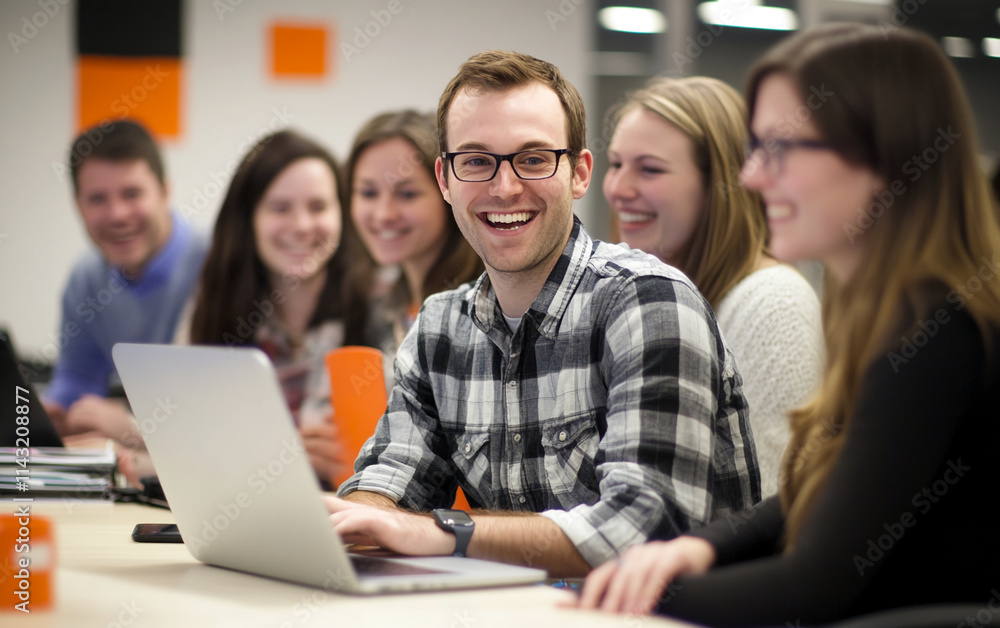 Group of young adults collaborating and enjoying a creative session in a modern workspace Group of young adults collaborating and enjoying a creative session in a modern workspace