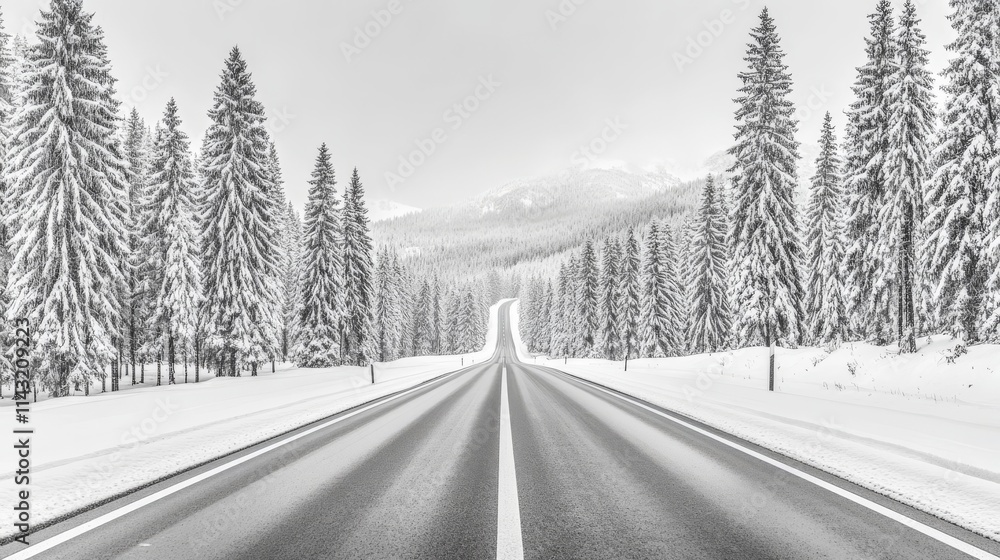 Obraz premium A serene winter landscape showcasing snow-covered trees and a curving road.