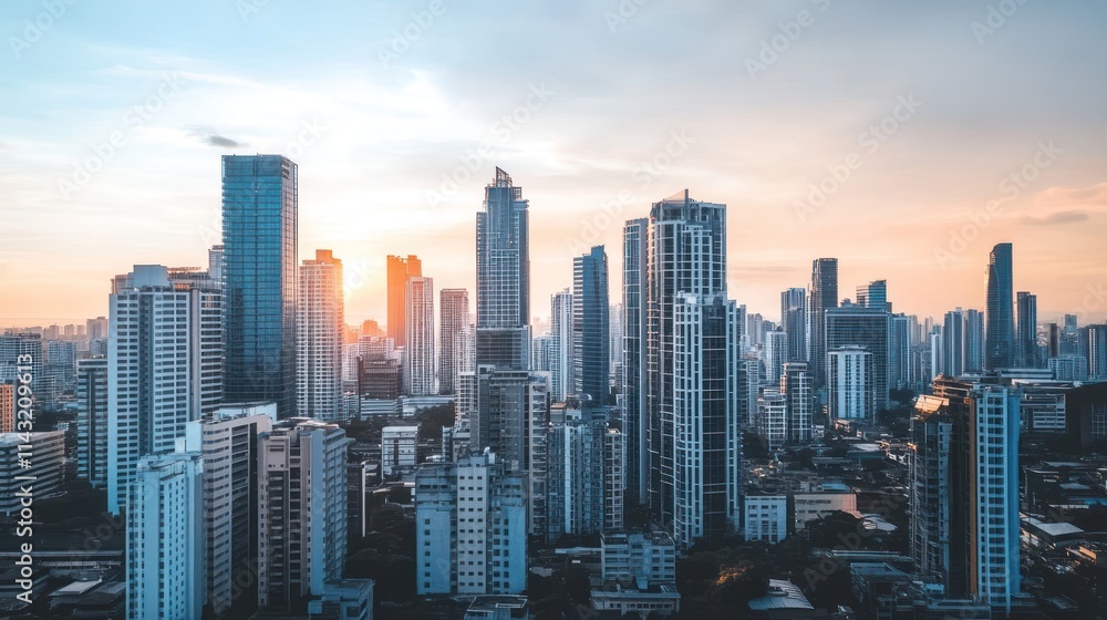 Obraz premium Sunset over the City Skyline: A Stunning Aerial View of Modern Architecture