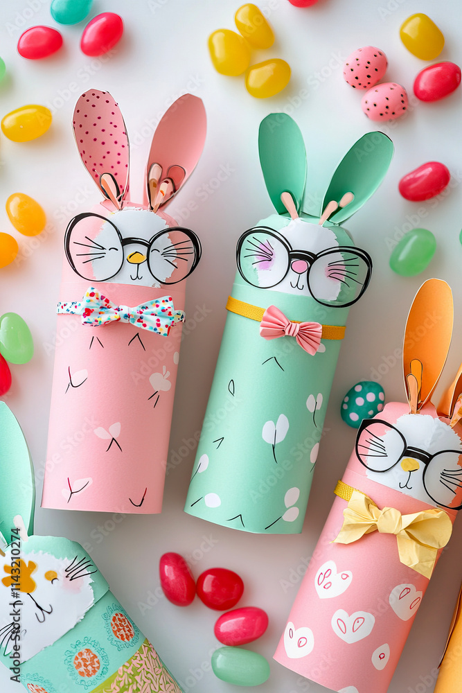 Easter-Themed Handmade Bunny Gift Boxes with Candy and Colorful Jelly Beans on White Background Easter-Themed Handmade Bunny Gift Boxes with Candy and Colorful Jelly Beans on White Background