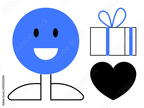 Smiling blue-faced figure with black eyes and white smile beside black heart and gift box with blue bow. Ideal for celebrations, happiness, love, gifting, events, positivity, and emotions. Line photo