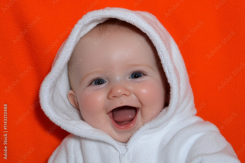 Delighted toddler in a white jacket captured against a striking orange background Delighted toddler in a white jacket captured against a striking orange background