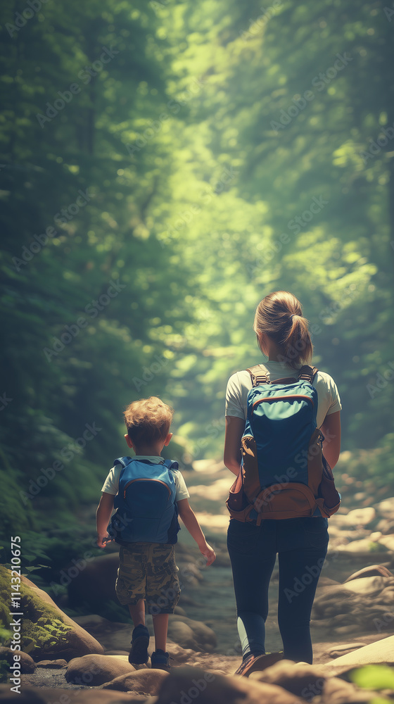 A mother and her son are walking through a forest, engaging in adventure and exploration that emphasizes outdoor activities and sustainable tourism in nature