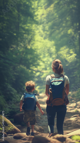 Obraz na płótnie A mother and her son are walking through a forest, engaging in adventure and exploration that emphasizes outdoor activities and sustainable tourism in nature w salonie