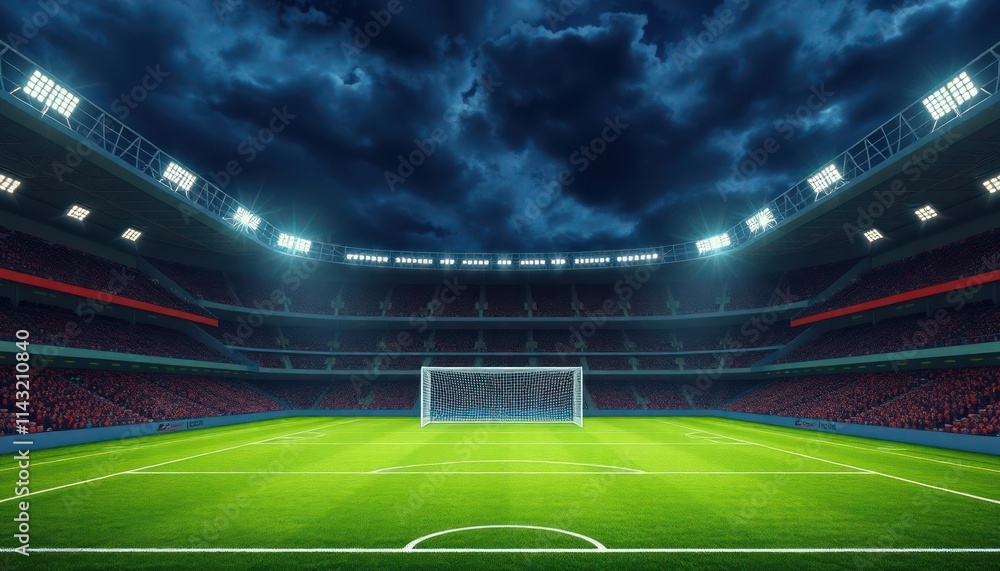 Obraz premium Empty soccer stadium at night. Filled stands. Dramatic clouds fill sky. Illuminated field. Ready for game. Spectators filled tiers of stadium. Exciting atmosphere. Soccer game about to begin.