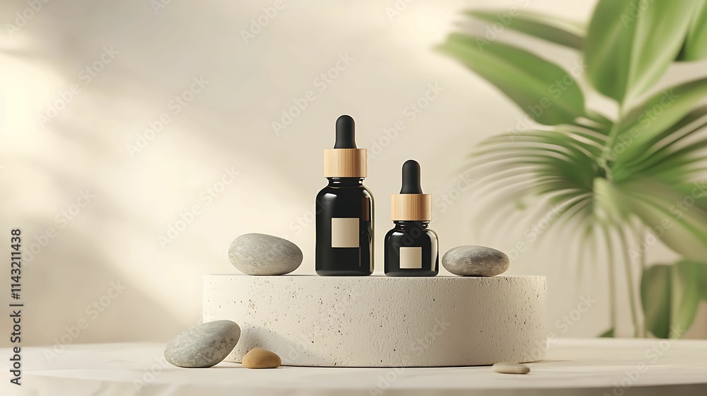 Skincare eco-friendly tranquility. Elegant display of skincare oils on a minimalist pedestal, surrounded by smooth stones and greenery, creating a serene atmosphere. Skincare eco-friendly tranquility. Elegant display of skincare oils on a minimalist pedestal, surrounded by smooth stones and greenery, creating a serene atmosphere.