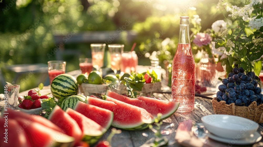 Fototapeta premium Summer Picnic in the Garden: Watermelon, Ros?, and Sunshine