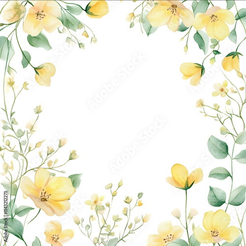 Watercolor clipart illustration of a few small and delicate soft yellow wildflower and few vines square frame white background isolated on white