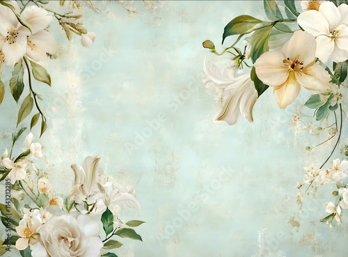 Vintage style background with delicate tropical flowers and leaves in pale green white with hints of gold details Floral elements including roses lilies orchids daisi photo