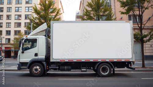 White commercial truck parked on city street. Large empty banner ad on truck side. Urban background with buildings, trees. Truck ready for advertisement. Modern transportation. Commercial vehicle. photo