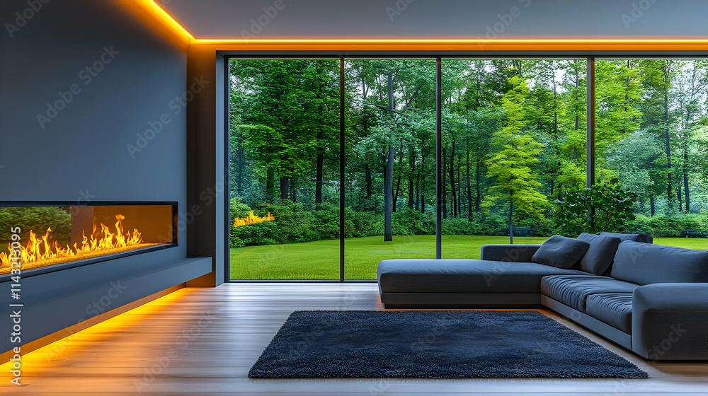 Modern Living Room 3D Illustration: Fireplace, Forest View Modern Living Room 3D Illustration: Fireplace, Forest View