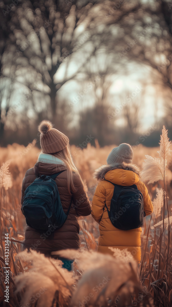 A mother and her daughter are walking through a forest, engaging in an adventure and exploration that highlights outdoor activities and sustainable tourism in nature