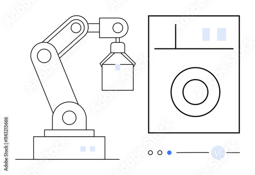 Robotic arm interacting with industrial machine, showcasing technological advancement in automation. Ideal for manufacturing, robotics, engineering, innovation, technology, productivity, futuristic