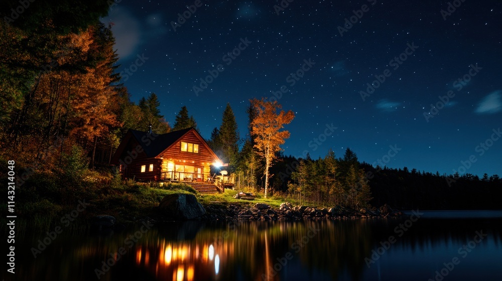 Cabin by the Lake Under a Starry Night Cabin by the Lake Under a Starry Night