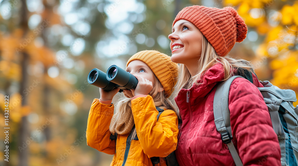 A mother and her daughter are engaged in an adventure, exploring nature with binoculars, emphasizing outdoor activities and sustainable tourism