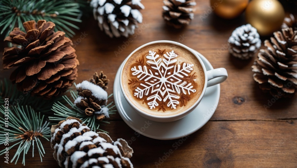 Cappuccino decorated with a cinnamon snowflak Cappuccino decorated with a cinnamon snowflak