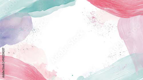 An elegant rectangle frame with soft pastel gradient colors of pink, lavender, and mint, surrounded by small sparkling glitter accents, detailed brush splatter elements, clean white background, high-d