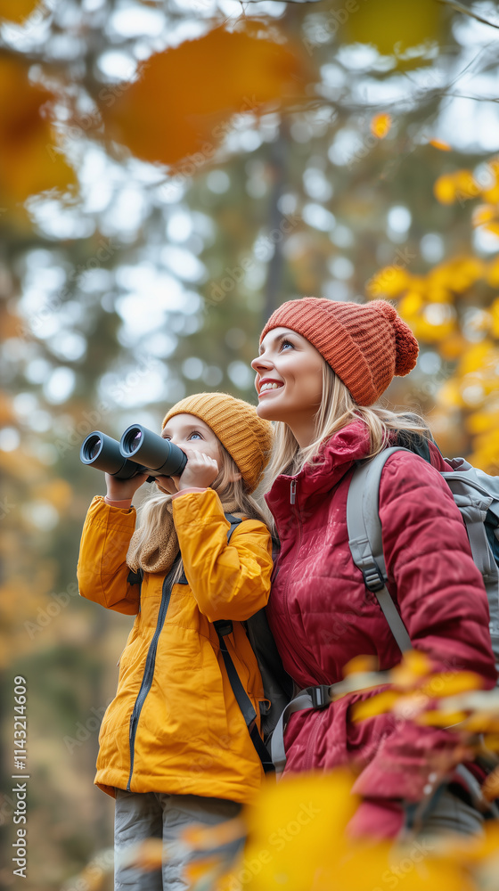 A mother and her daughter are engaged in an adventure, exploring nature with binoculars, emphasizing outdoor activities and sustainable tourism