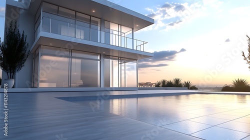 Luxury Modern House with Infinity Pool at Sunset photo