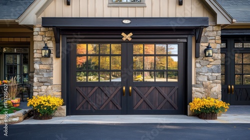 Wallpaper Mural Elegant double carriage-style garage doors on a stone home, autumn foliage reflected in glass panes. Torontodigital.ca