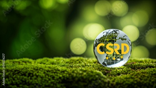 Crystal globe of Earth with CSRD logo on moss, promoting sustainability. A clear glass globe depicting the Earth rests atop a bed of vibrant green moss. photo