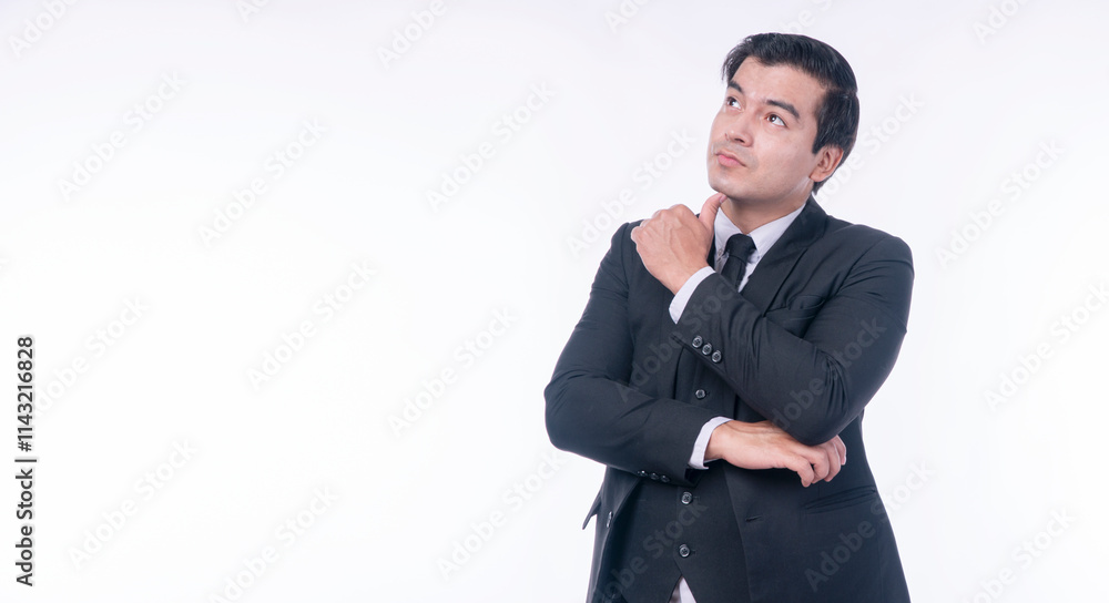 Inspiration businessman wear suit tie holding hand under chin thinking business looking copy space standing over isolated white background. Uneasy caucasian male thoughtful worry job look side view. Inspiration businessman wear suit tie holding hand under chin thinking business looking copy space standing over isolated white background. Uneasy caucasian male thoughtful worry job look side view.