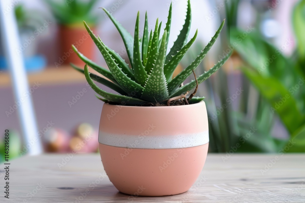 Aloe vera plant growing in a modern pink pot, bringing a touch of nature indoors