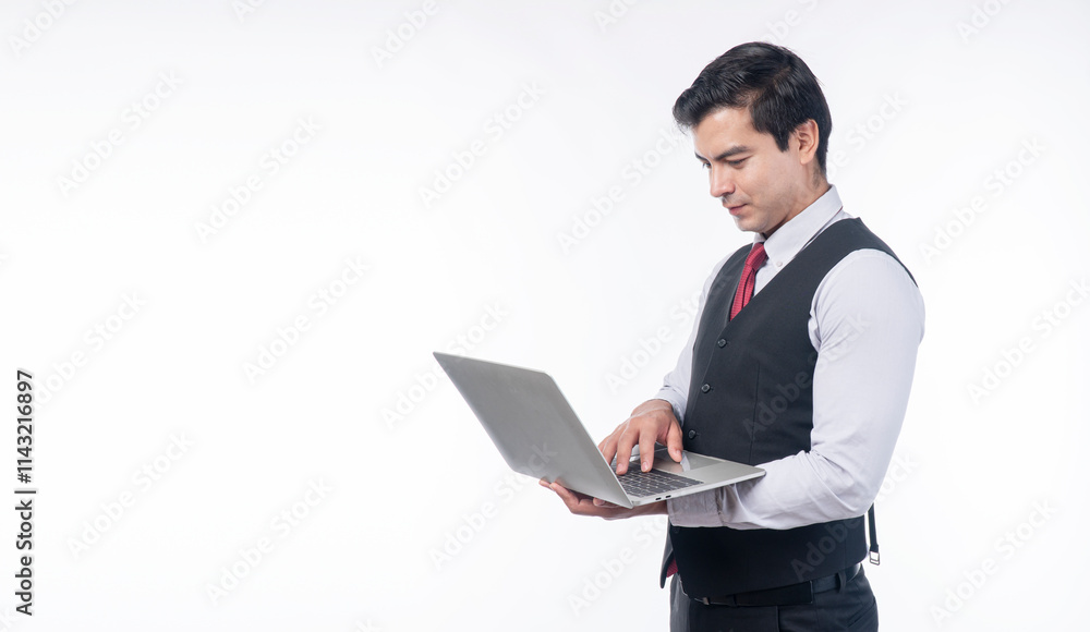 Successful businessman typing laptop looking communication standing over isolated white background. Handsome guy using digital gadget computer connection internet working copyspace.Technology wireless Successful businessman typing laptop looking communication standing over isolated white background. Handsome guy using digital gadget computer connection internet working copyspace.Technology wireless