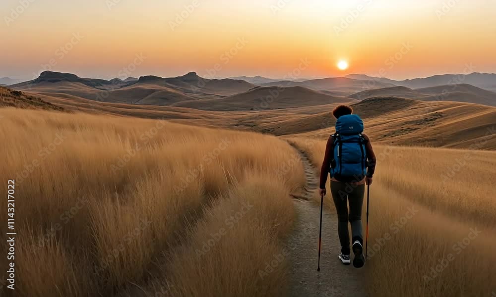 Hiker walking through golden grasslands at sunset. Hiker walking through golden grasslands at sunset.