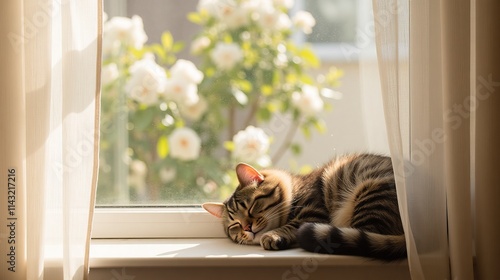 Cat Sleeping on Sunny Windowsill