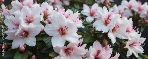 Fresh white rhododendron flowers with striking pink stamen tips blooming in early spring, blossoming shrub, pistil detail, landscape design, pollinate, spring blossoms photo