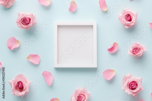 A white wooden frame, framed by pink roses, sits on a pastel blue background