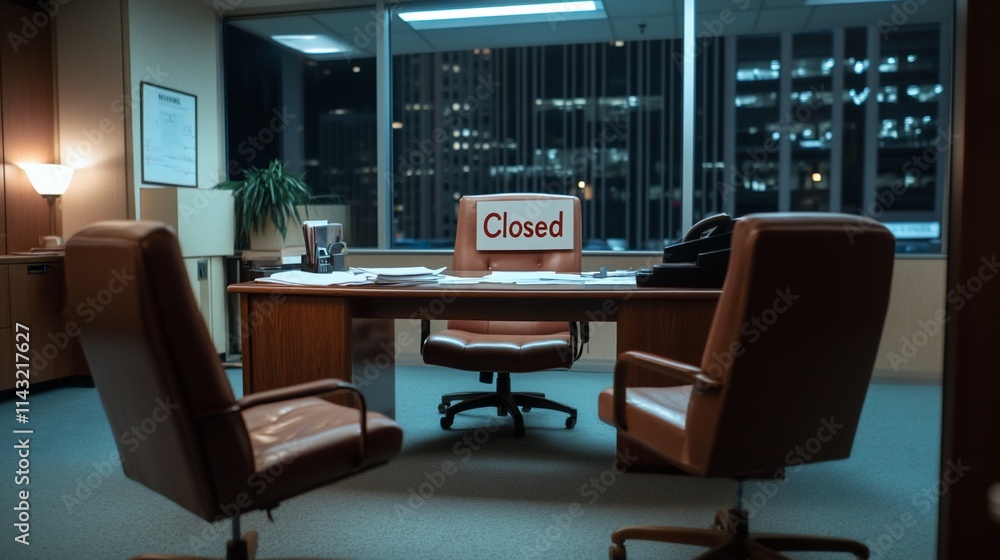 Office interior at night with a Office interior at night with a