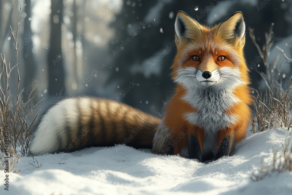 Fototapeta premium Fox in a winter forest showcasing vibrant fur and a fluffy tail amidst soft snow
