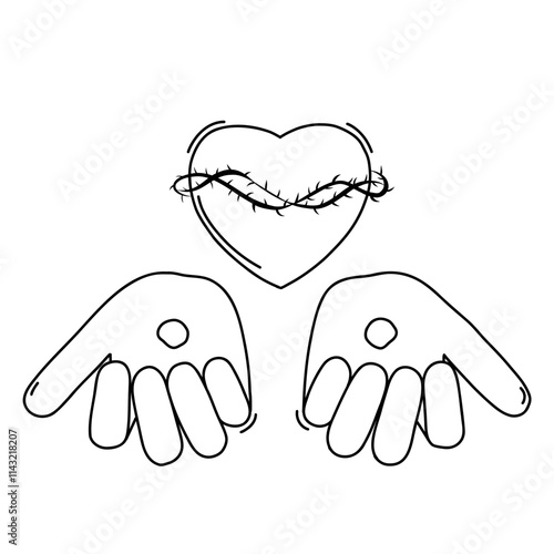 Doodle of Hands of Christ with stigmata and heart wrapped in a crown of thorns Religious vector illustration