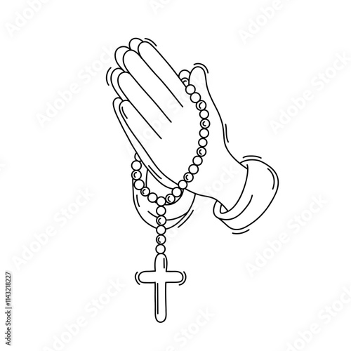 Doodle of Hands in prayer with a rosary with a cross. Praying hands united for pray to god. Vector illustration