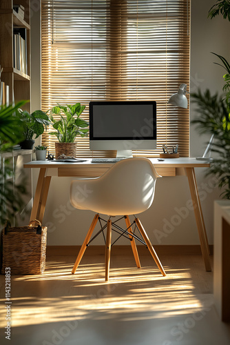 Photographie de qualité d'un bureau de travail minimaliste à domicile avec un design épuré et une ambiance productive photo