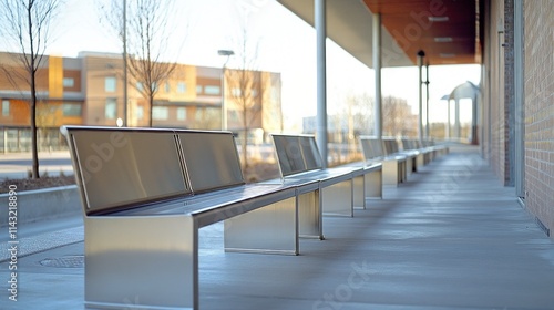 Modern metallic benches on a covered walkway outside a building. photo